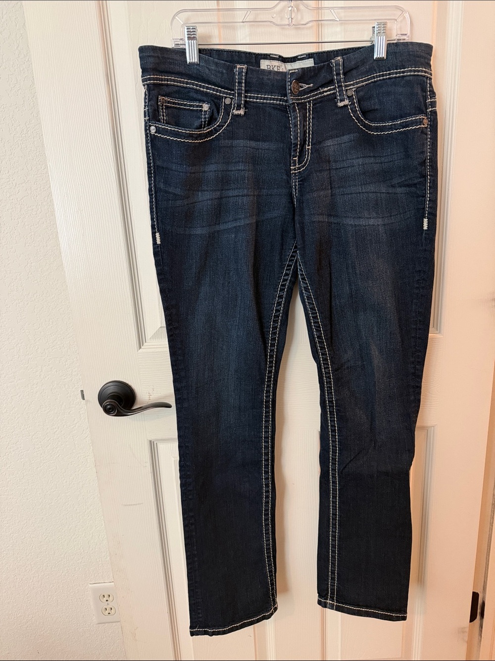 BKE Women's Dark Indigo Straight Leg Jeans with Contrast Stitching
